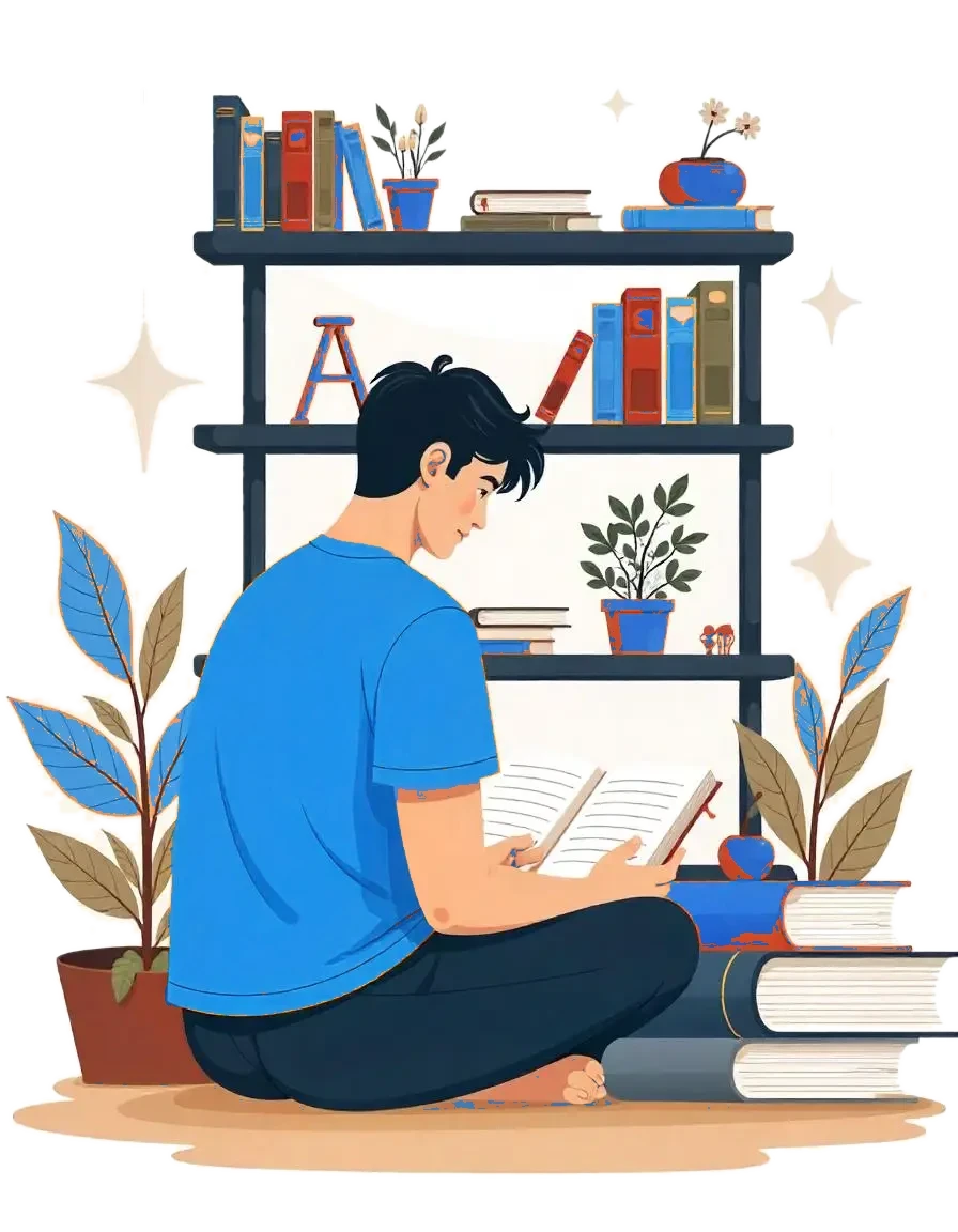 Illustration of an author reading beside a bookshelf