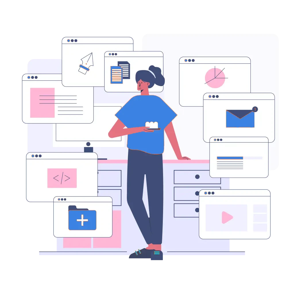 Illustration of a person surrounded by content windows