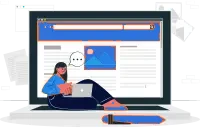 Illustration of an editor working at a large screen