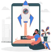Illustration of a book launch rocket on a tablet